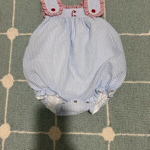 Striped Blue and White Romper with Red Accents